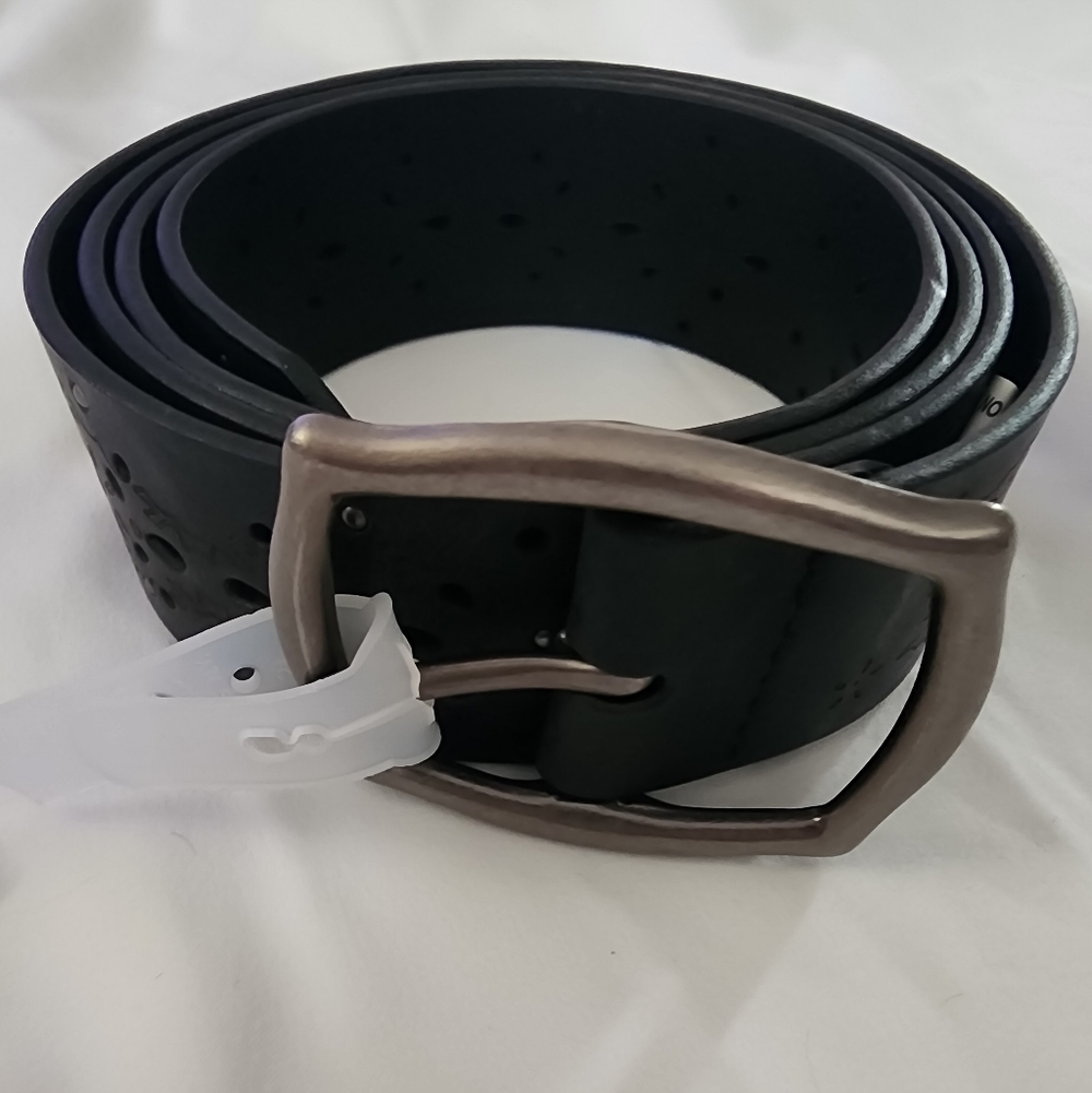 Men's Black Perforated Leather Belt with Brushed Metal Buckle